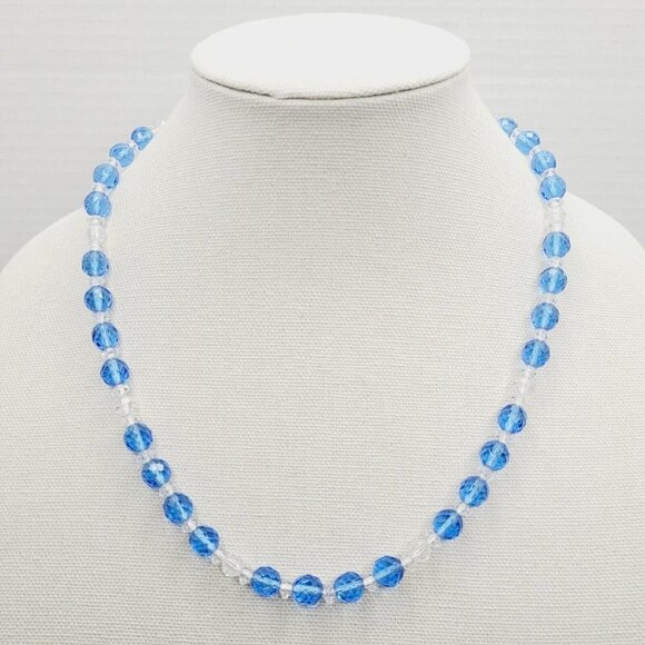 Unbranded Jewelry - VINTAGE Blue Glass Beaded Necklace Clear Beads Sterling Silver Clasp 9mm 22"